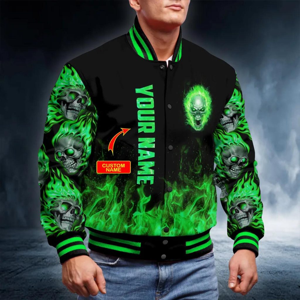 Scary Green Flame Ghost Skull Custom Baseball Jacket – Skull & Viking ...