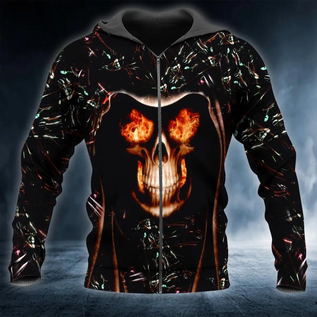 Burning Eyes Skull 3D Zip Hoodie Skull & Viking Graphic Tees 3D All