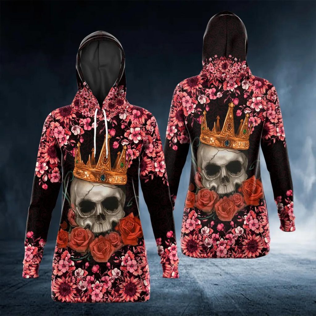 Blue And Red Floral Sugar Skull Hoodie Dress