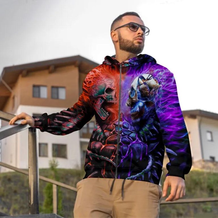 Felpa Uomo Con Stampa 3D Teschio – Maniche Lunghe, Con Tasca, Morbida E Traspirante