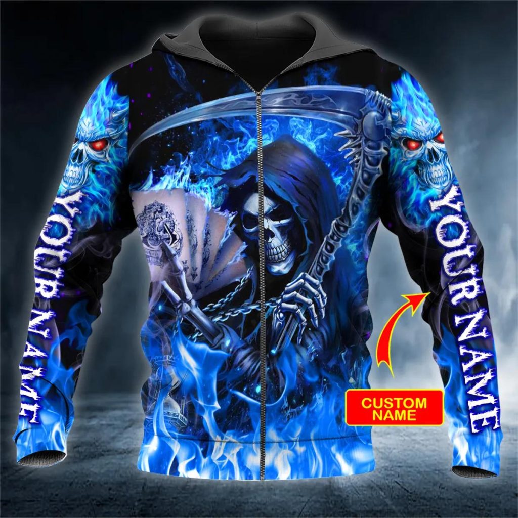 Grim Reaper Blue Fire Skull Custom 3D Zip Hoodie Skull & Viking