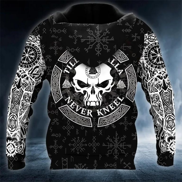 Viking Till Valhalla Never Kneel Tattoo 3D Zip Hoodie Skull & Viking