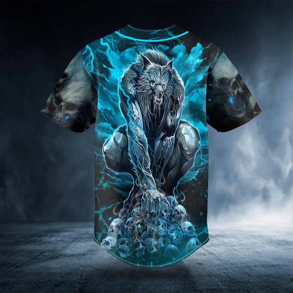 Blue Werewolf On Pile Skull Custom Baseball Jersey – Skull & Viking ...