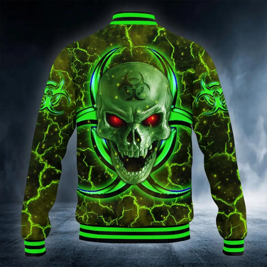 Green Lightning Biohazard Glowing Eyes Skull Baseball Jacket Skull