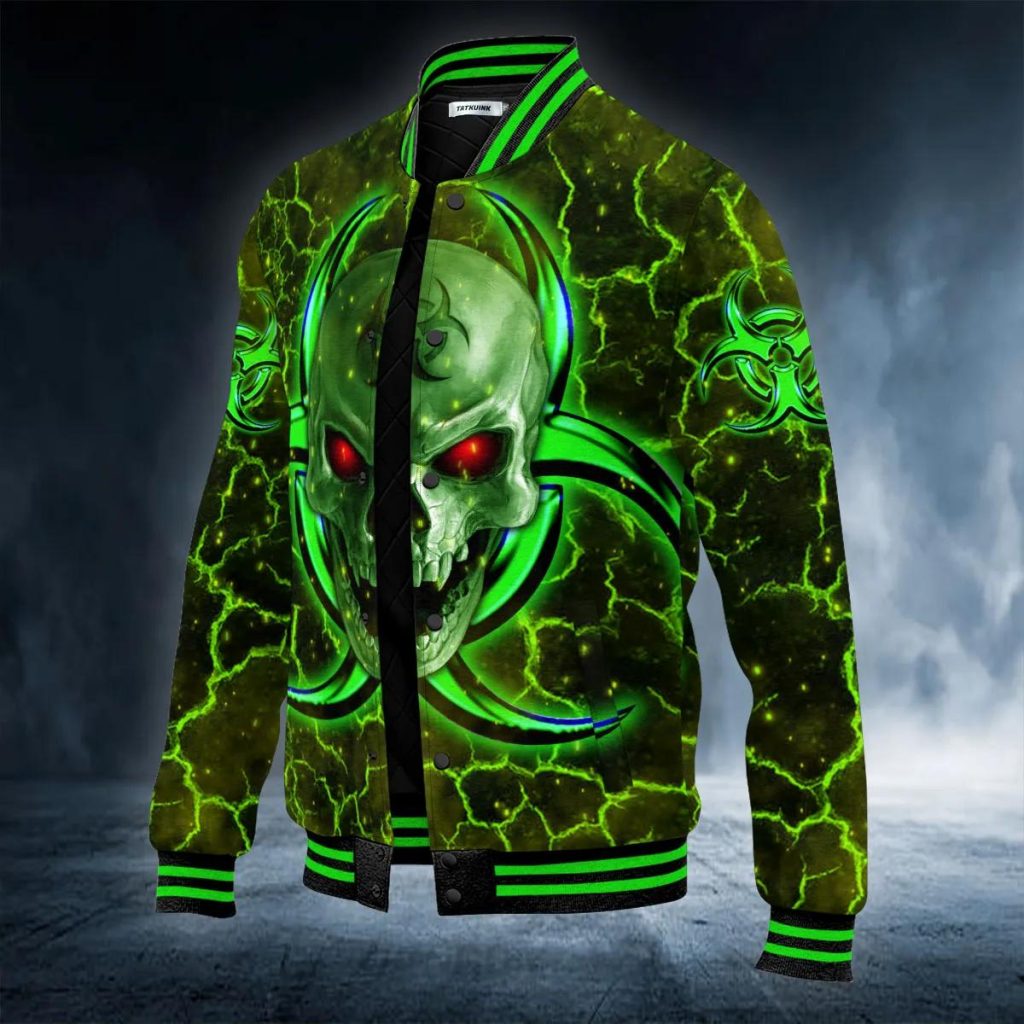 Green Lightning Biohazard Glowing Eyes Skull Baseball Jacket Skull