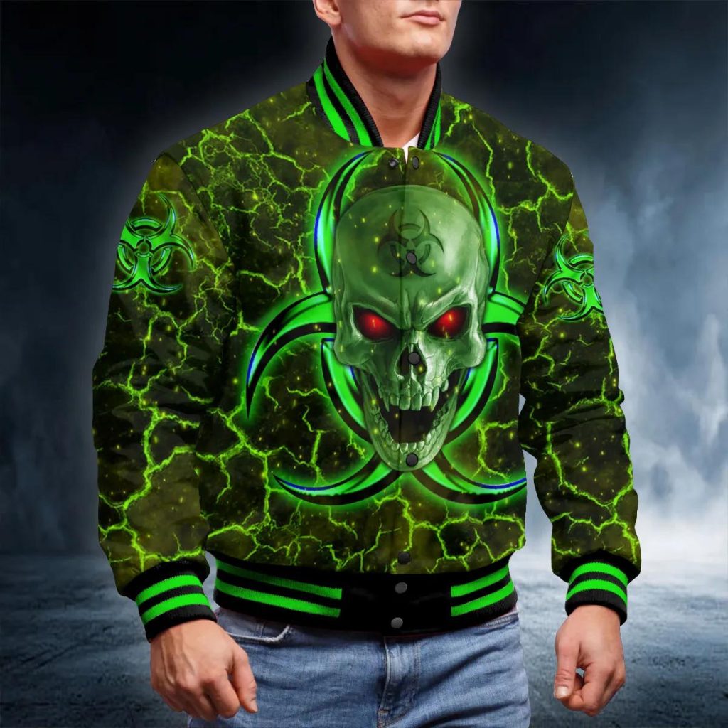 Green Lightning Biohazard Glowing Eyes Skull Baseball Jacket Skull
