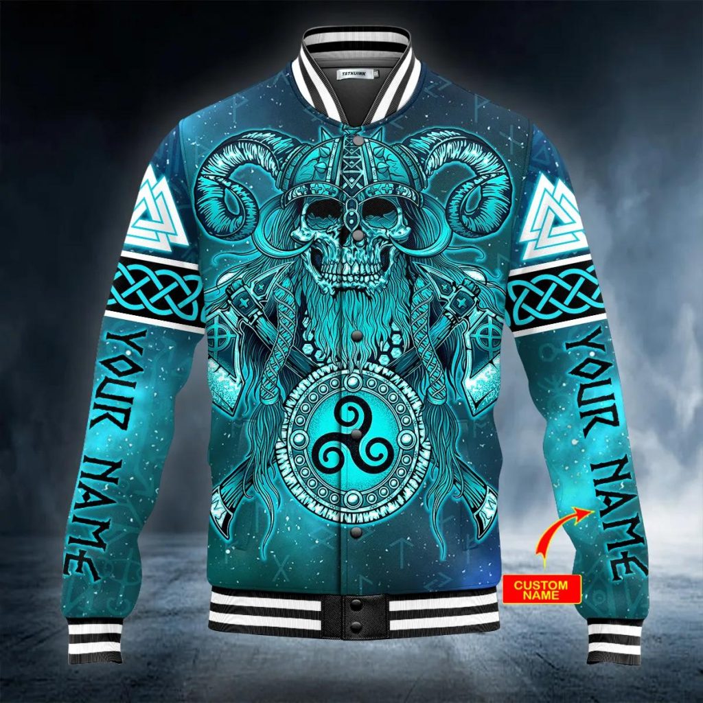 Blue Neon Axes And Shield Skull Emblem Viking Personalized Baseball