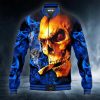 Dark Blue Burning Cigarette Skull Baseball Jacket