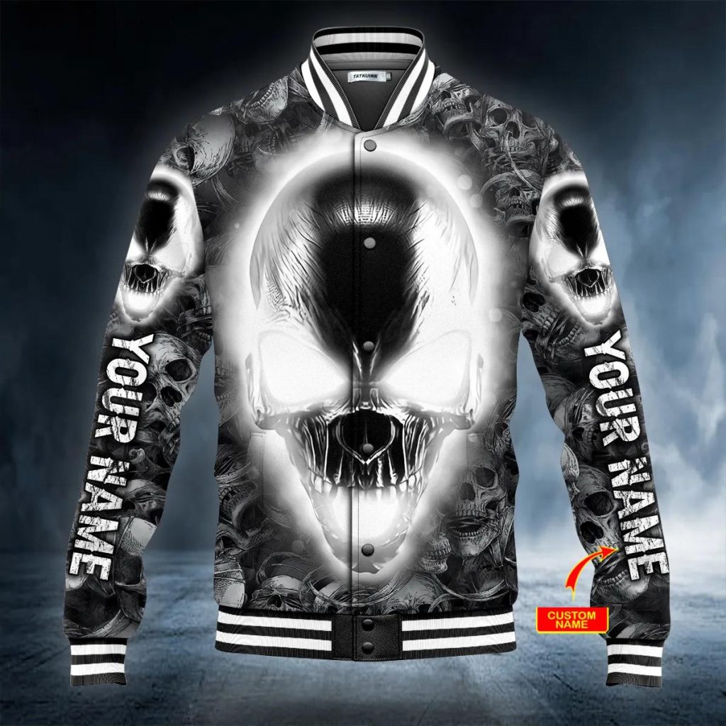 Silver Metalic Demon Skull Personalized Baseball Jacket – Skull ...