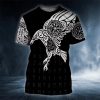 Black White Viking Raven Tattoo 3D T Shirt, Viking T Shirts Mens