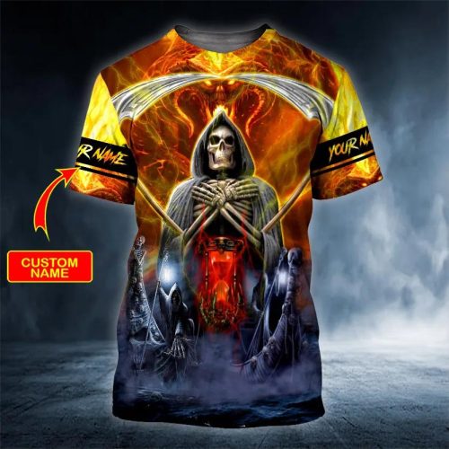 Grim Reaper On Fire Skull Custom 3D T Shirt, Skull T Shirts Mens
