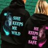 She Keeps Me Wild He Keeps Me Safe Wolf Matching Hoodies For Couple