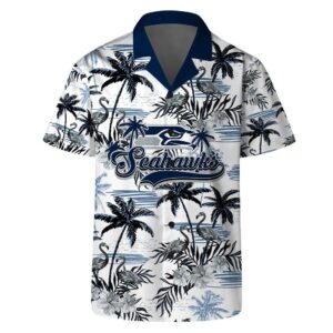 Seattle Seahawks Team Logo Pattern Flamingo Hibiscus Hawaiian Shirt, NFL Hawaiian Shirt