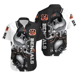 Cincinnati Bengals Jack Skellington And Zero Hawaiian Shirt Print Short Sleeve Hawaiian Aloha Shirt, NFL Hawaiian Shirt