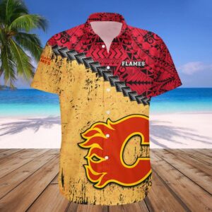 Calgary Flames Hawaiian Shirt Grunge Polynesian Tattoo – NHL, NHL Hawaiian Shirt