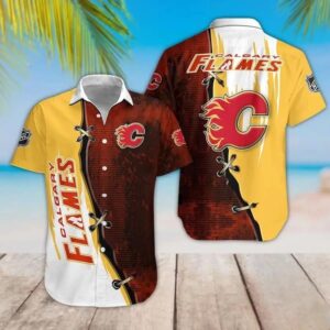Calgary Flames Red And Yellow Pattern Hawaiian Shirt, NHL Hawaiian Shirt