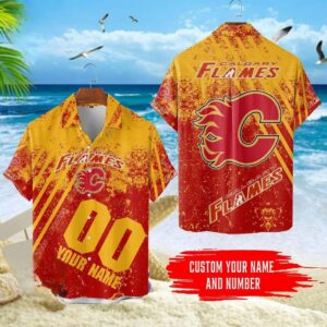 Custom Name Number Calgary Flames NHL Hawaiian Shirt, NHL Hawaiian Shirt