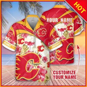 NHL Calgary Flames Floral Beach Trip Personalized Hawaiian Shirt, NHL Hawaiian Shirt