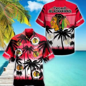 Chicago Blackhawks Coconut Tree Sunrise Hawaiian Shirt, NHL Hawaiian Shirt