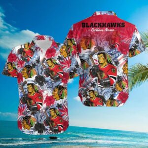 Chicago Blackhawks Custom Name Red Hibiscus Tropical Hawaiian Shirt, NHL Hawaiian Shirt