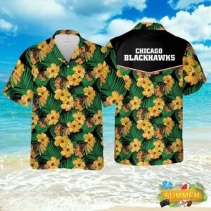 Chicago Blackhawks Yellow Hibiscus Hawaiian Shirt, NHL Hawaiian Shirt