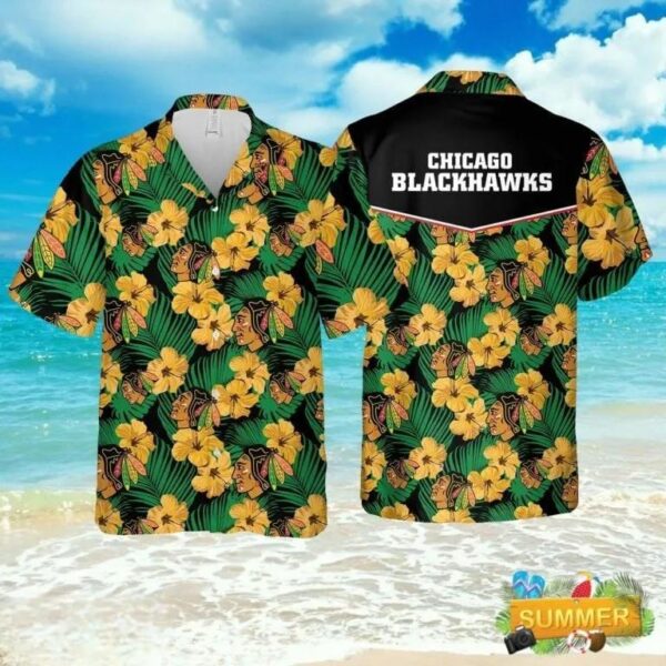 Chicago Blackhawks Yellow Hibiscus Hawaiian Shirt, NHL Hawaiian Shirt