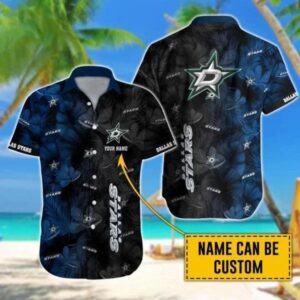 Custom Name NHL Dallas Stars Team Name And Tropical Pattern 3D Hawaiian Shirt, NHL Hawaiian Shirt