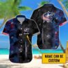 Custom Name NHL Columbus Blue Jackets Team Name And Tropical Pattern 3D Hawaiian Shirt, NHL Hawaiian Shirt