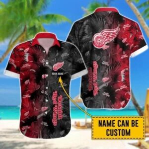 Custom Name NHL Detroit Red Wings Team Name And Tropical Pattern 3D Hawaiian Shirt, NHL Hawaiian Shirt