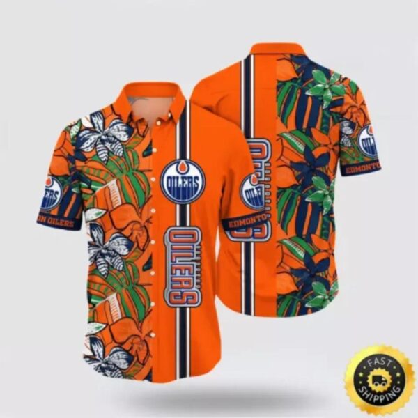 Edmonton Oilers Hawaiian Shirt, Tropical Forest Floral Pattern Summer Aloha Shirt, NHL Hawaiian Shirt