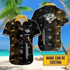 Custom Name NHL Nashville Predators Team Name And Tropical Pattern 3D Hawaiian Shirt, NHL Hawaiian Shirt