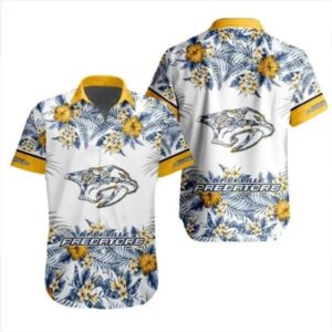 NHL Nashville Predators Flower Pattern White 3D Hawaiian Shirt, NHL Hawaiian Shirt
