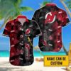 Custom Name NHL New Jersey Devils Team Name And Tropical Pattern 3D Hawaiian Shirt, NHL Hawaiian Shirt