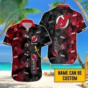 Custom Name NHL New Jersey Devils Team Name And Tropical Pattern 3D Hawaiian Shirt, NHL Hawaiian Shirt