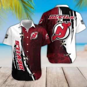 New Jersey Devils Red Black White Hawaiian Shirt, NHL Hawaiian Shirt