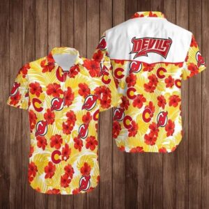 New Jersey Devils Red Hibiscus Flowers Yellow Leaves Hawaiian Shirt, NHL Hawaiian Shirt