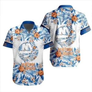 NHL New York Islanders Flower Pattern White 3D Hawaiian Shirt, NHL Hawaiian Shirt