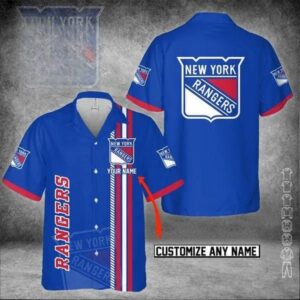 Custom Name NHL New York Rangers Blue 3D Hawaiian Shirt, NHL Hawaiian Shirt