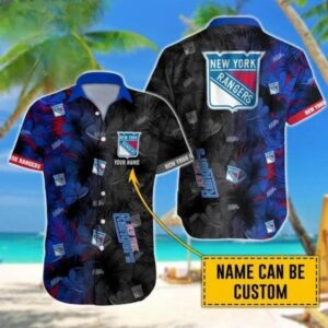 Custom Name NHL New York Rangers Team Name And Tropical Pattern 3D Hawaiian Shirt, NHL Hawaiian Shirt