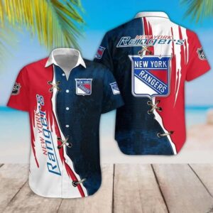 New York Rangers Red And Dark Blue Hawaiian Shirt, NHL Hawaiian Shirt