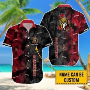 Custom Name NHL Ottawa Senators Team Name And Tropical Pattern 3D Hawaiian Shirt, NHL Hawaiian Shirt