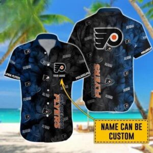 Custom Name NHL Philadelphia Flyers Team Name And Tropical Pattern 3D Hawaiian Shirt, NHL Hawaiian Shirt