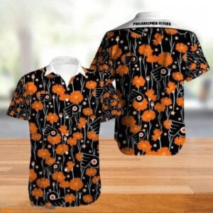 Philadelphia Flyers Orange Black Tropical Flowers Hawaiian Shirt, NHL Hawaiian Shirt