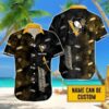 Custom Name NHL Pittsburgh Penguins Team Name And Tropical Pattern 3D Hawaiian Shirt, NHL Hawaiian Shirt