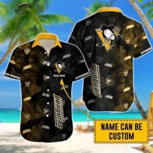 Custom Name NHL Pittsburgh Penguins Team Name And Tropical Pattern 3D Hawaiian Shirt, NHL Hawaiian Shirt
