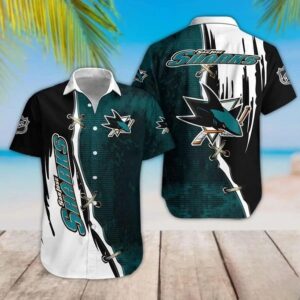 San Jose Sharks Dark Turquoise And Black Hawaiian Shirt, NHL Hawaiian Shirt