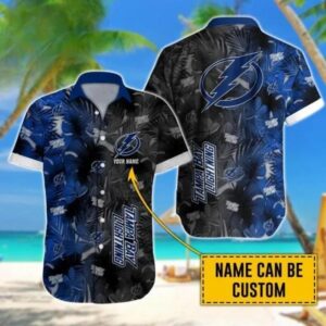 Custom Name NHL Tampa Bay Lightning Team Name And Tropical Pattern 3D Hawaiian Shirt, NHL Hawaiian Shirt