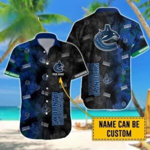 Custom Name NHL Vancouver Canucks Team Name And Tropical Pattern 3D Hawaiian Shirt, NHL Hawaiian Shirt