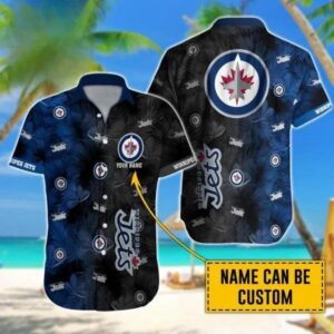 Custom Name NHL Winnipeg Jets Team Name And Tropical Pattern 3D Hawaiian Shirt, NHL Hawaiian Shirt