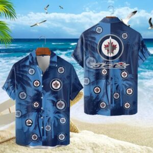 Winnipeg Jets NHL Team Colors Tropical Palm Trees And Team Logo 3D Hawaiian Shirt, NHL Hawaiian Shirt